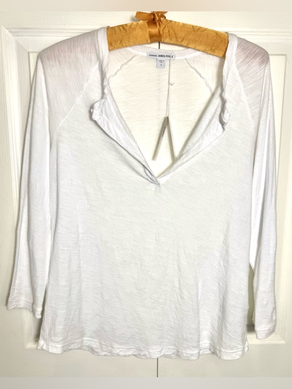 James Perse Split Neck Tee White Raglan 3/4 Sleeve Size 1 Small NWT